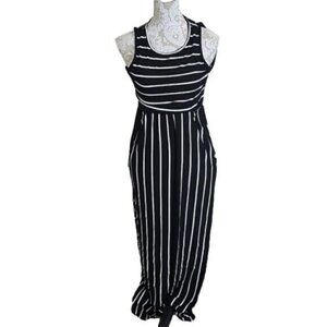 Hount sleeveless Maxi Dress Black/White Striped pockets Small